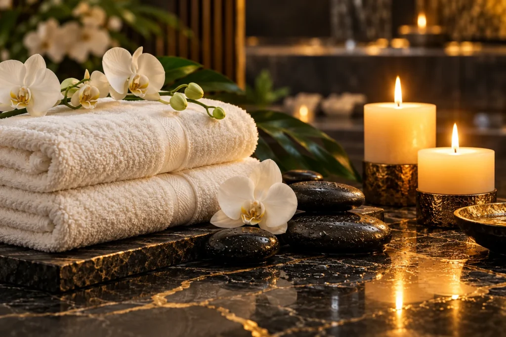 AI-generated spa towels, stones and candles